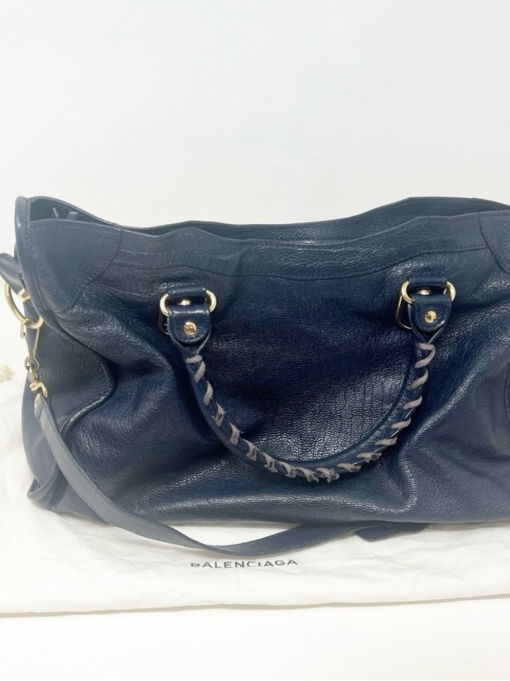 Balenciaga Blue Leather Braided-Handle Shoulder Bag with Gold Hardware - Picture 2 of 6